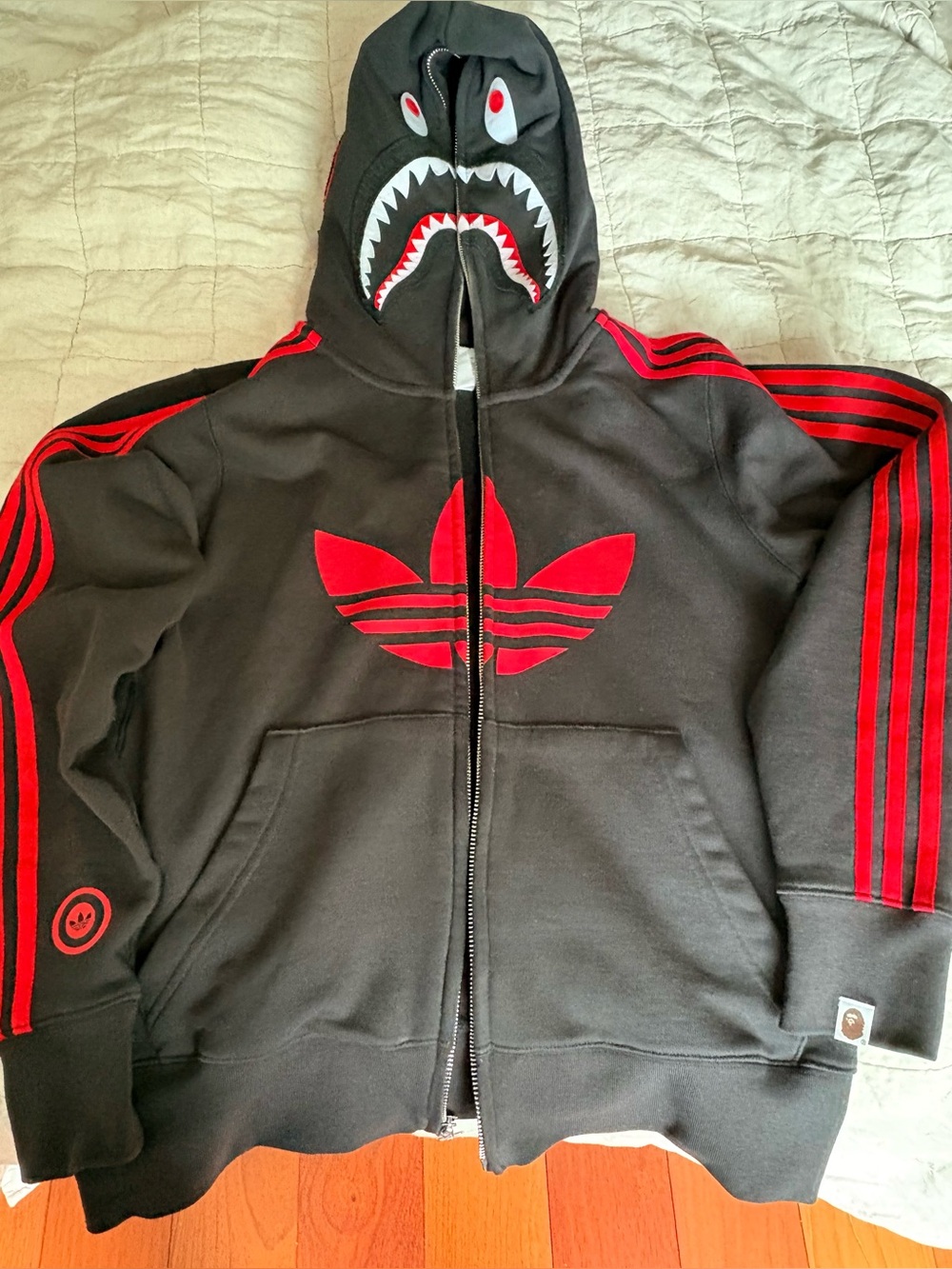 Adidas x bape Black & Red Hooded Zip XS Jacket with Shark Graphic like new